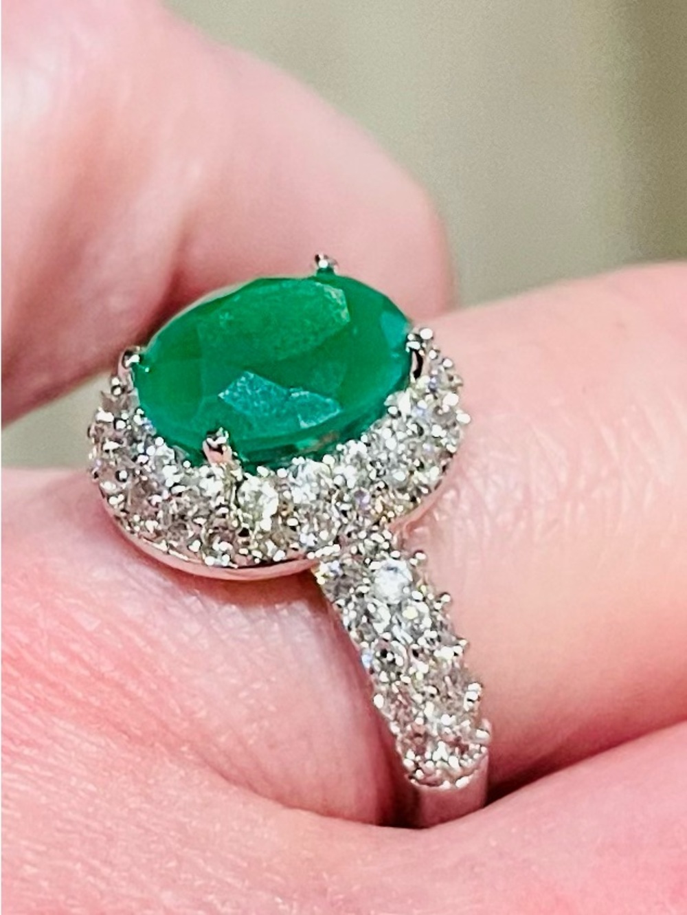 Sterling Silver Emerald Color Chalcedony Halo Ring Size 7 Pavé CZ